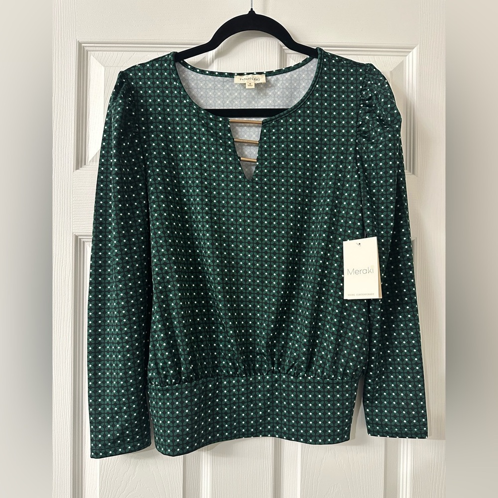 Meraki Women’s Green Black White Blouse With Gold Tone Metal Detailing Sz M